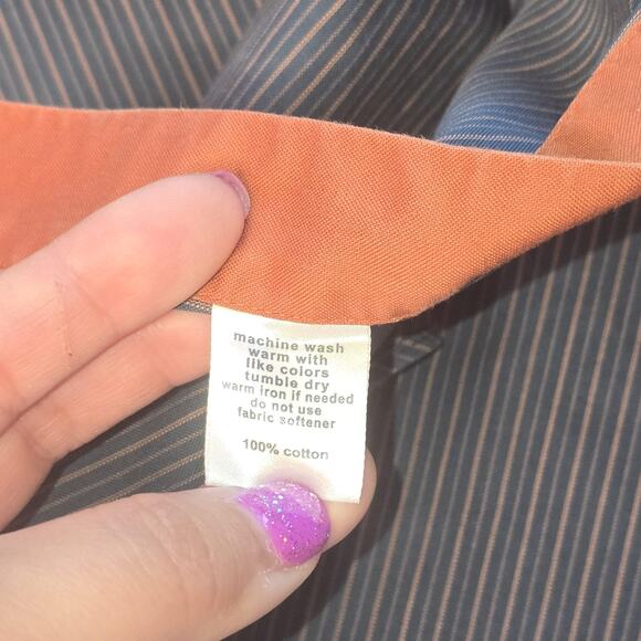 Paul Fredrick Dress Shirt Men 17 35 Blue Tan Stripe Tailored Fit Non Iron Cotton - Picture 4 of 12